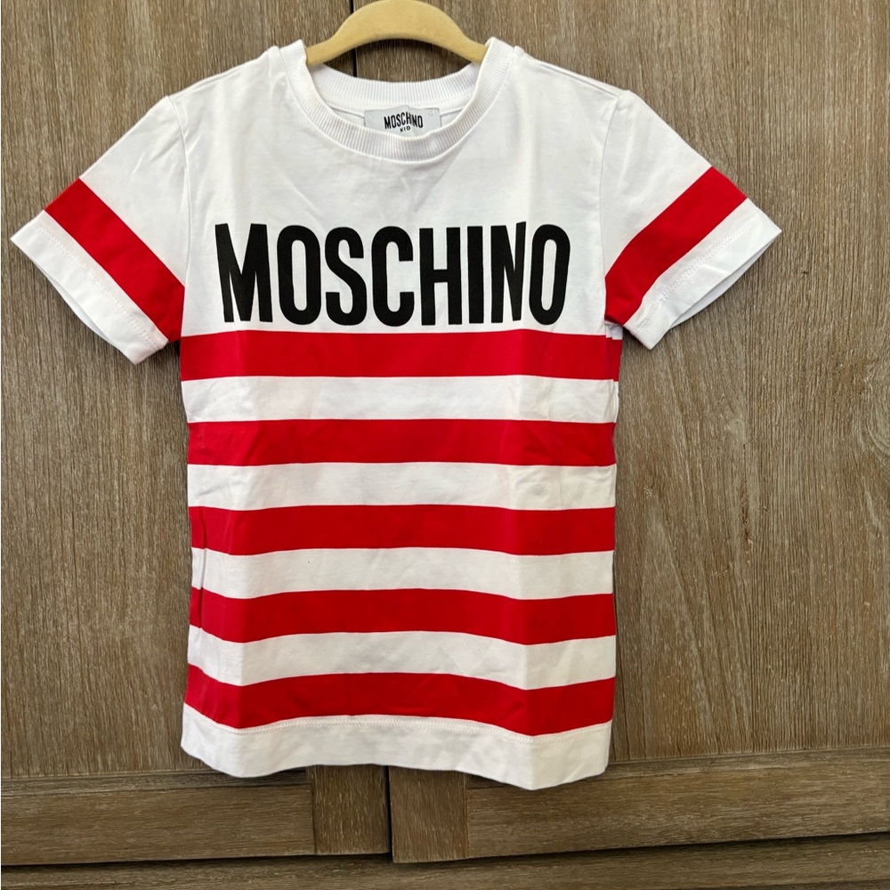Moschino White, Red & Black Striped Logo Tee